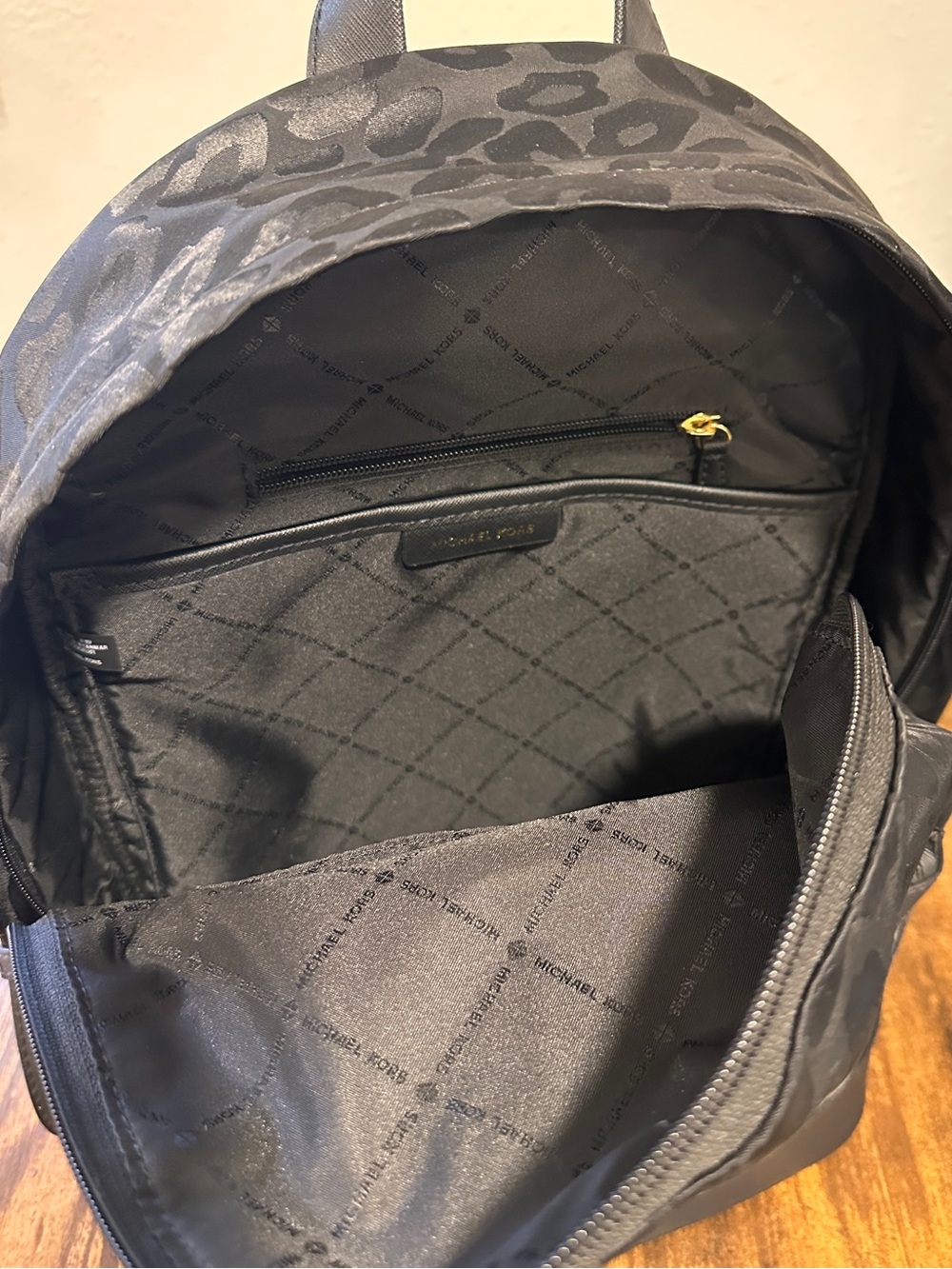 NWOT Michael Kors Black Leopard-Print Nylon Backpack with Gold Hardware - Picture 7 of 8